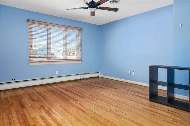 unfurnished room with a baseboard heating unit, light hardwood / wood-style flooring, and ceiling fan