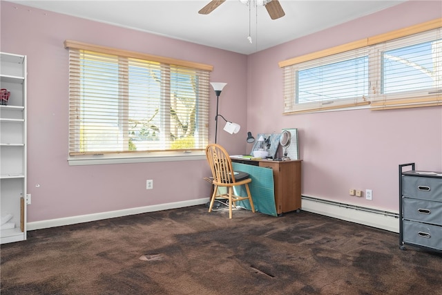 carpeted office space featuring ceiling fan and a baseboard radiator