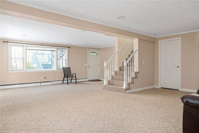 foyer entrance featuring crown molding, a baseboard radiator, and carpet