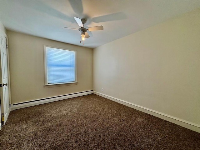 carpeted spare room featuring ceiling fan and baseboard heating