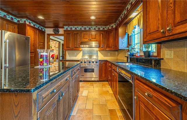 kitchen with high quality appliances, dark stone countertops, exhaust hood, and wood ceiling