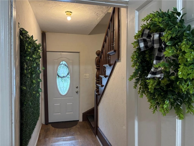 foyer featuring dark hardwood / wood-style floors and a textured ceiling