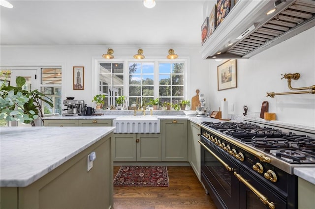 kitchen featuring sink, extractor fan, light stone countertops, dark hardwood / wood-style flooring, and range with two ovens