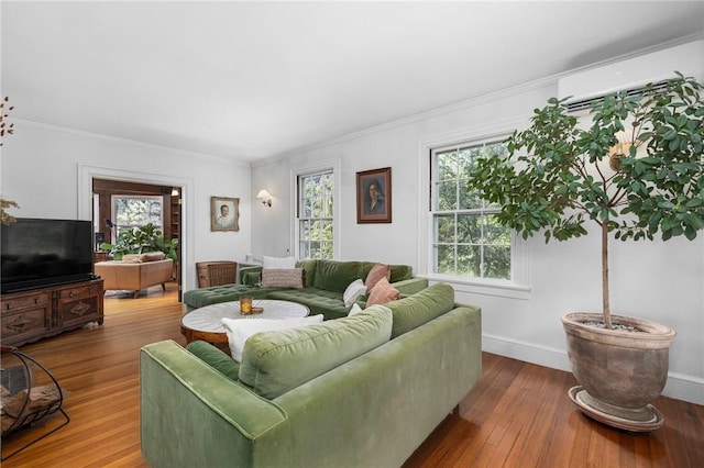 living room featuring wood-type flooring, plenty of natural light, ornamental molding, and a wall unit AC