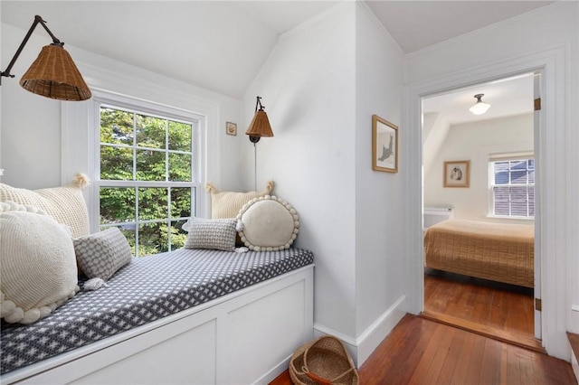 bedroom featuring lofted ceiling and hardwood / wood-style floors