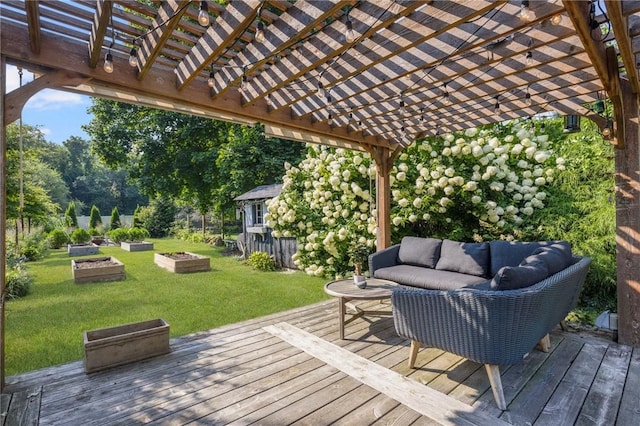 wooden terrace with outdoor lounge area, a yard, and a pergola