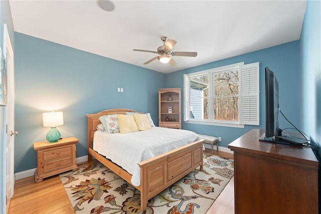 bedroom with ceiling fan and light wood-type flooring