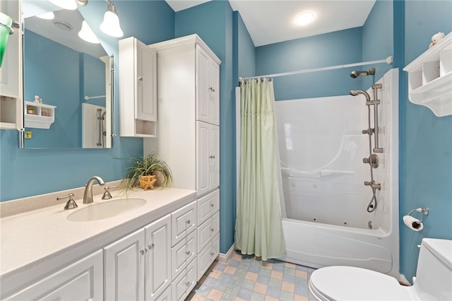 full bathroom featuring shower / bathtub combination with curtain, vanity, and toilet