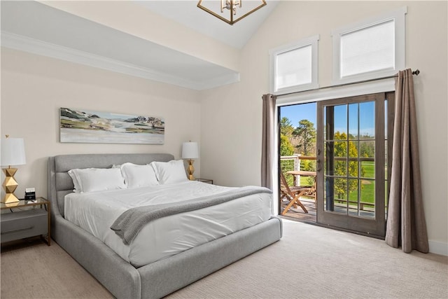 carpeted bedroom featuring access to exterior, high vaulted ceiling, ornamental molding, and a chandelier