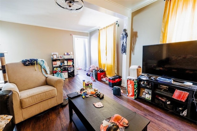 living room with crown molding and dark wood-type flooring