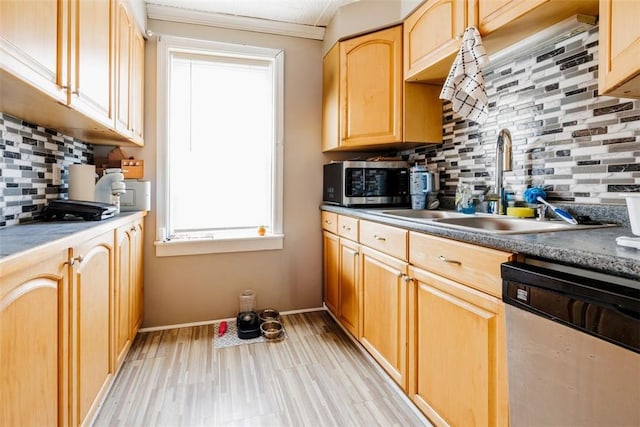 kitchen with light brown cabinetry, sink, crown molding, appliances with stainless steel finishes, and decorative backsplash