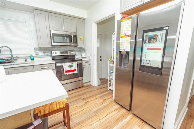 kitchen with stainless steel appliances, gray cabinets, light wood-type flooring, and decorative backsplash