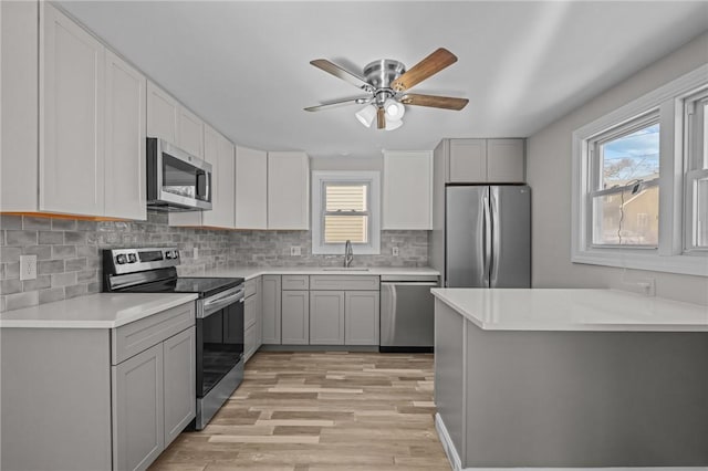 kitchen featuring sink, light hardwood / wood-style flooring, stainless steel appliances, decorative backsplash, and kitchen peninsula