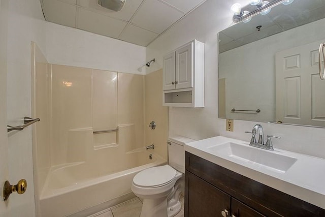 full bathroom with vanity, toilet, tub / shower combination, and tile patterned flooring