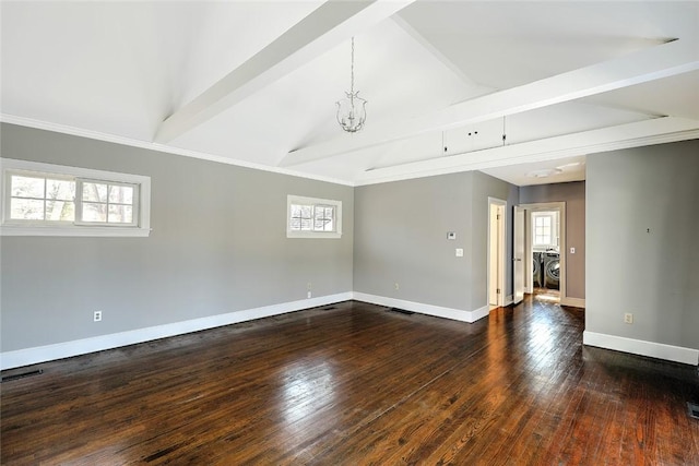 empty room with vaulted ceiling with beams, visible vents, baseboards, and wood-type flooring