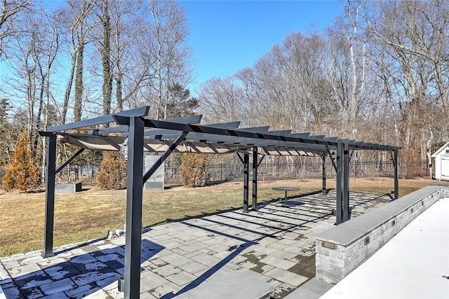 exterior space with a yard, a patio, fence, and a pergola