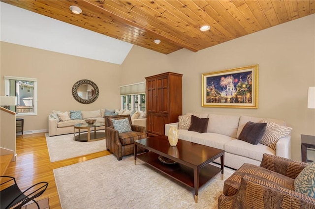 living room featuring wood ceiling, high vaulted ceiling, and light wood-type flooring