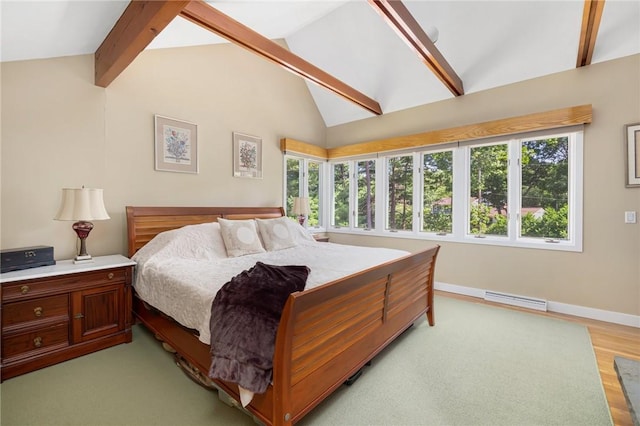 bedroom featuring lofted ceiling with beams and light hardwood / wood-style flooring