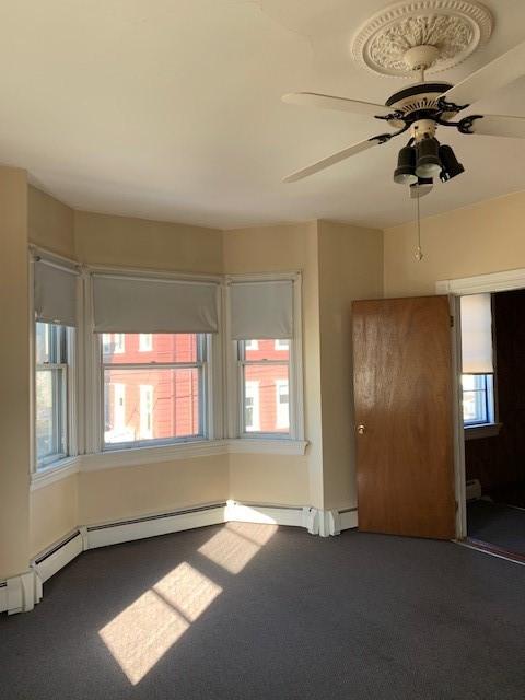 carpeted spare room with ceiling fan and a wealth of natural light