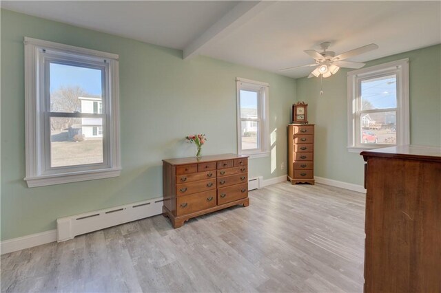 bedroom with beamed ceiling, ceiling fan, baseboard heating, and light hardwood / wood-style floors