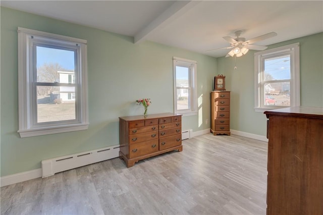 bedroom featuring beam ceiling, baseboard heating, light wood-style floors, ceiling fan, and baseboards