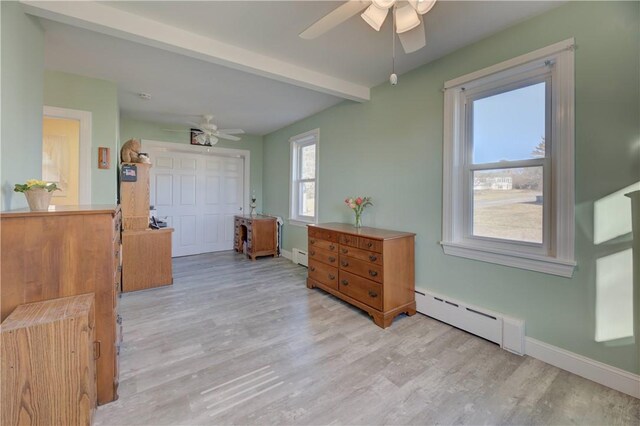 interior space with beam ceiling, light wood-type flooring, and baseboard heating