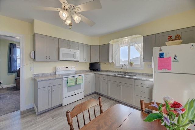 kitchen with sink, gray cabinetry, ceiling fan, white appliances, and light hardwood / wood-style flooring