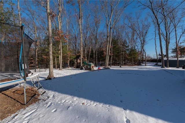 yard layered in snow with a trampoline and a playground