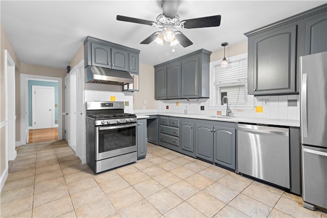 kitchen featuring gray cabinets, pendant lighting, tasteful backsplash, sink, and stainless steel appliances