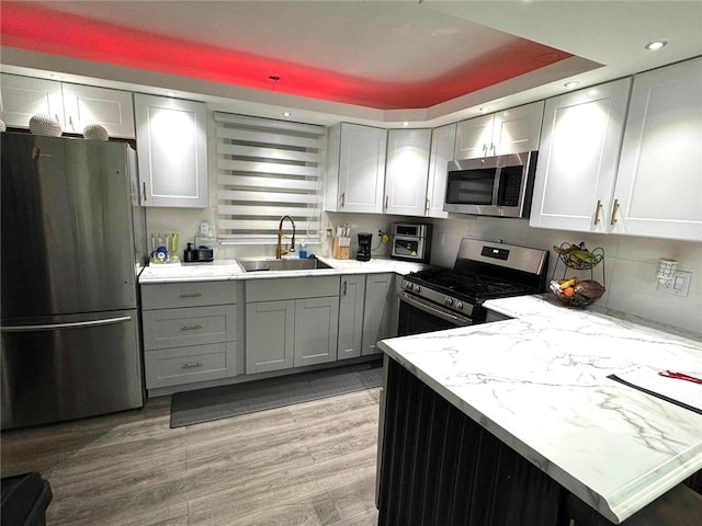 kitchen featuring sink, appliances with stainless steel finishes, light stone counters, a tray ceiling, and light wood-type flooring