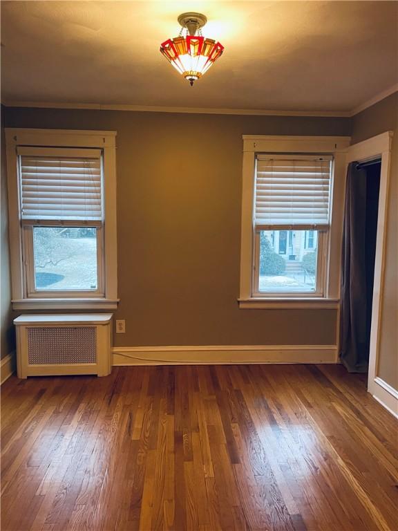 spare room featuring radiator, crown molding, and hardwood / wood-style flooring