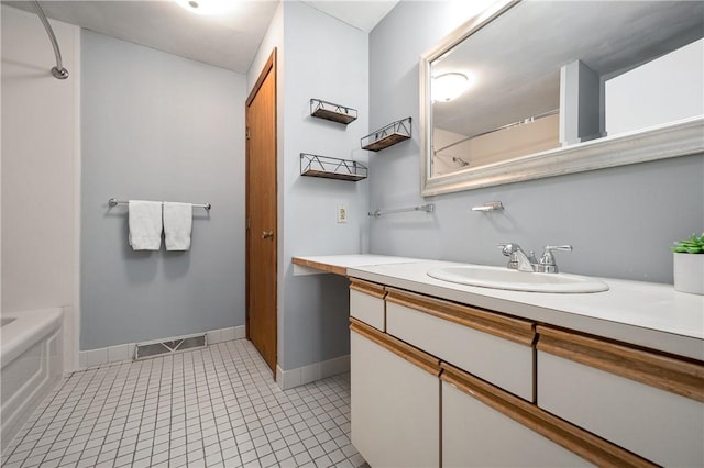 bathroom featuring shower / bathtub combination, tile patterned floors, and vanity