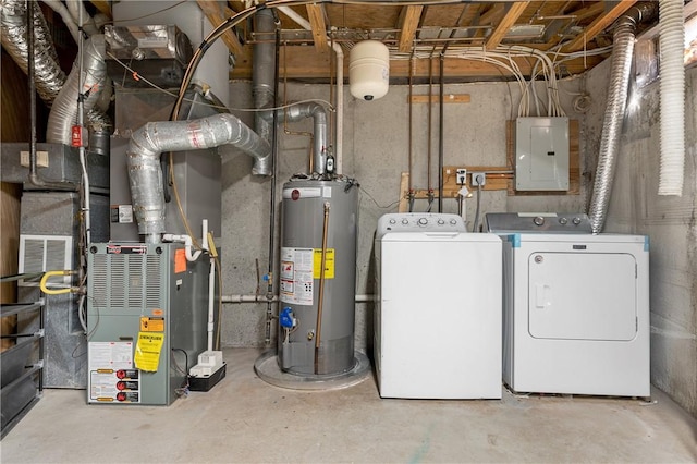 utilities featuring gas water heater, electric panel, and washer and dryer