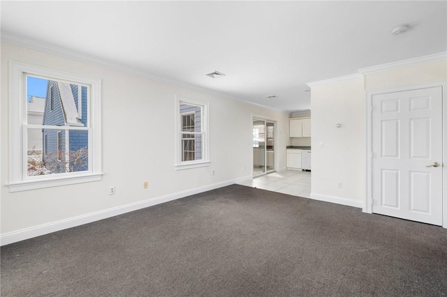 unfurnished living room featuring crown molding and light colored carpet