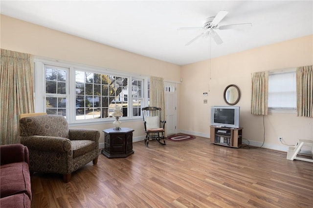 living area with wood-type flooring and ceiling fan