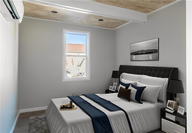 bedroom featuring crown molding, wood-type flooring, beam ceiling, and a wall unit AC