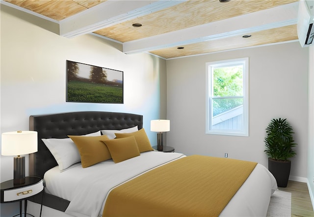 bedroom with hardwood / wood-style floors, wood ceiling, a wall mounted AC, and beamed ceiling