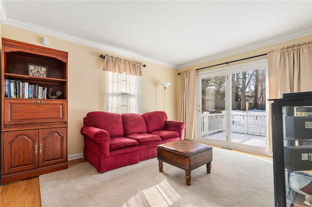 living room with crown molding and light hardwood / wood-style flooring