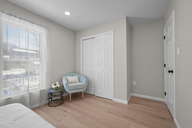 bedroom featuring multiple windows, light wood-type flooring, and a closet