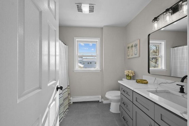 bathroom with a baseboard radiator, vanity, and toilet