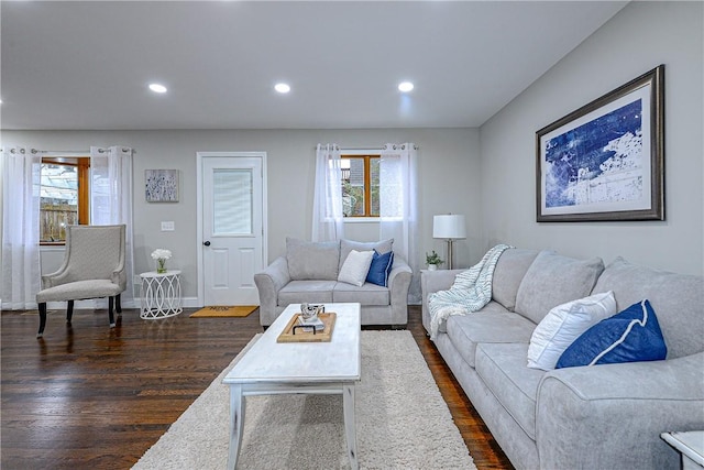 living room with a healthy amount of sunlight and dark hardwood / wood-style flooring