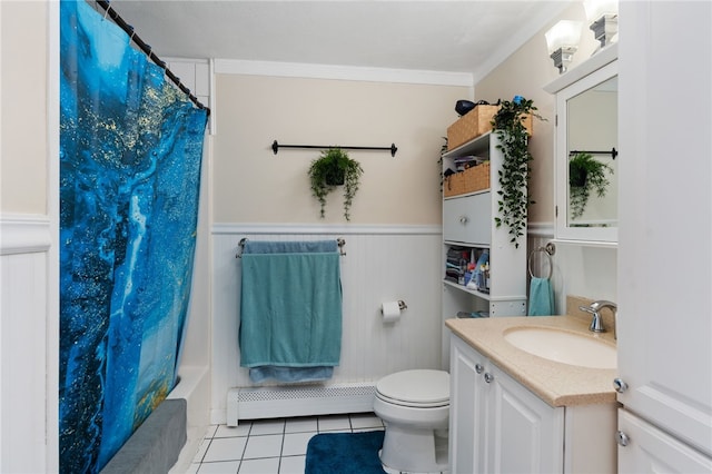 full bathroom with toilet, crown molding, vanity, tile patterned flooring, and a baseboard heating unit