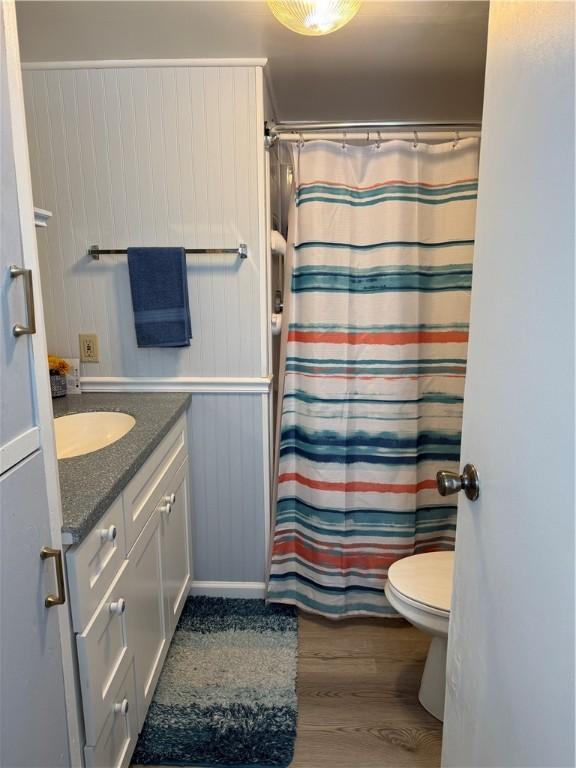 bathroom with vanity, hardwood / wood-style flooring, toilet, and a shower with shower curtain