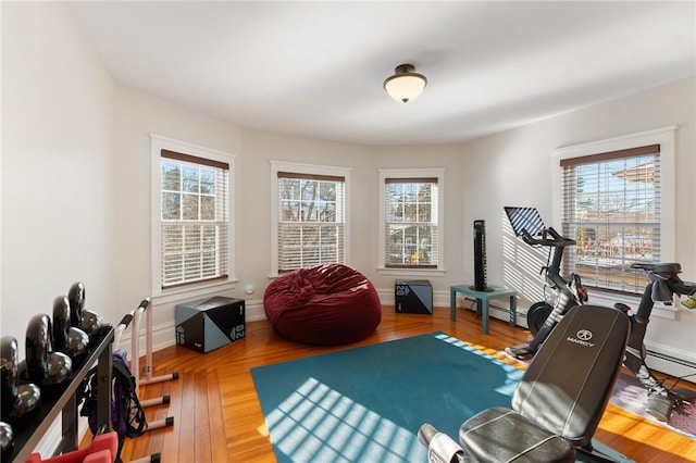 workout room with hardwood / wood-style flooring and plenty of natural light