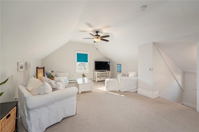 carpeted living room featuring ceiling fan, vaulted ceiling, and a baseboard heating unit