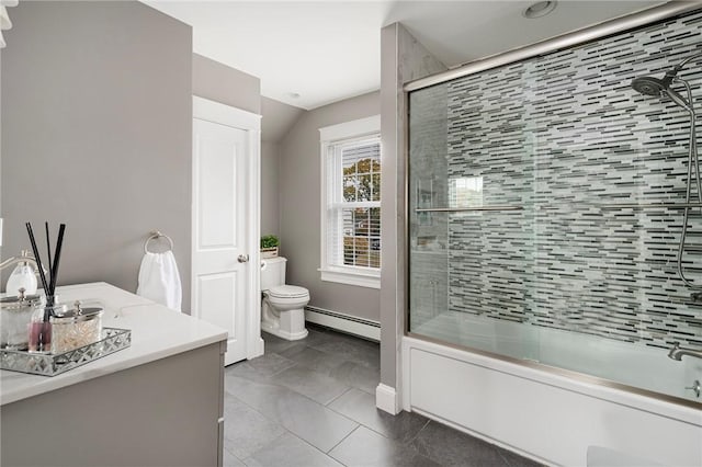 full bathroom featuring lofted ceiling, toilet, combined bath / shower with glass door, a baseboard radiator, and vanity