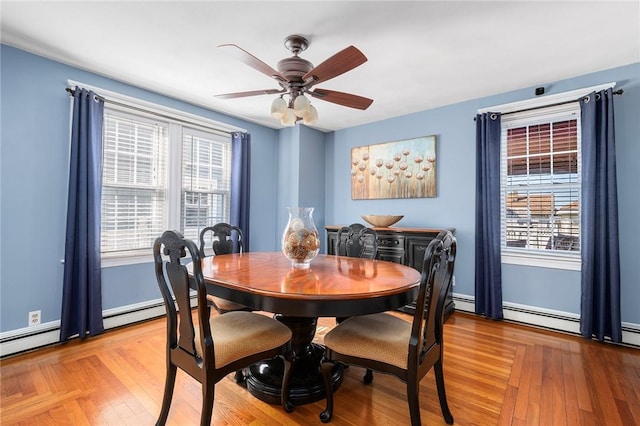 dining room with ceiling fan and light hardwood / wood-style floors