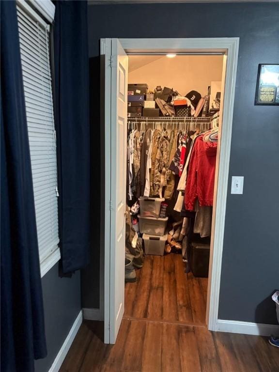 walk in closet featuring dark wood-type flooring