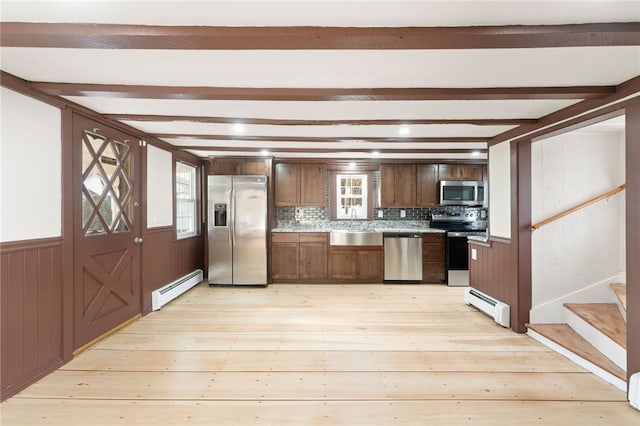 kitchen with baseboard heating, stainless steel appliances, beam ceiling, and light hardwood / wood-style flooring