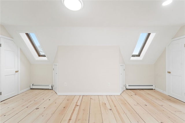 additional living space featuring a baseboard radiator, vaulted ceiling with skylight, and light hardwood / wood-style flooring